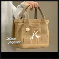 【ブラウン】Kロゴ キャンバス地 トートバッグ マチあり ハンドバッグ