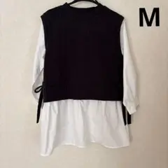 黒ニットレイヤードトップス サイドリボン付き