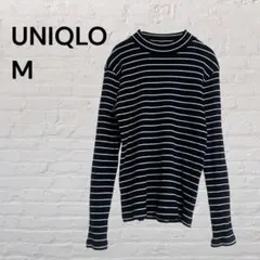 UNIQLO ユニクロ　ボーダー リブトップス ハイネック ブラック ストライプ