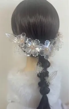 アメリカンフラワー髪飾り　ウェディング　ホワイトゴールド　ヘアアクセサリー