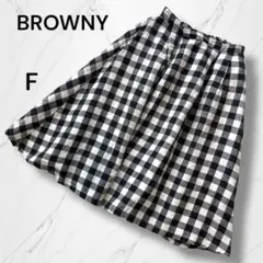 【BROWNY】麻リネン綿混ギンガムチェック柄膝丈フレアスカート 黒白のサムネイル