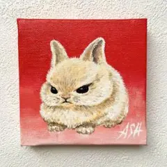 アクリル画　不貞腐れたウサギ　キャンバス　ミニアート