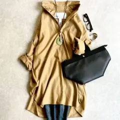 美品 ティッカ ウールロングシャツ チュニック 長袖 ワンピース 秋 キャメル