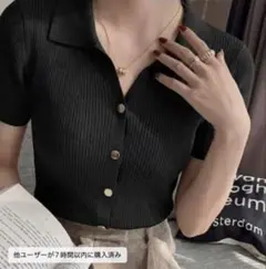 SHEIN リブニット ポロシャツ 半袖 ブラック