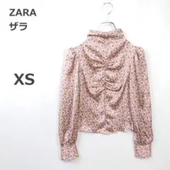 【ザラ】長袖 ブラウス ハイネック風 花柄 とろみ 肩パッド 個性派 春夏 XS