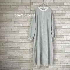 She's Closet ストライプ シャツ ワンピース ロング バンドカラー