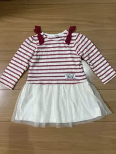 ワンピース　長袖　ボーダー　90cm 赤　リボン