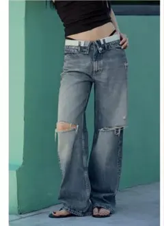 ZARA TRF ミッドライズ折り返しウエストデニムパンツ　34