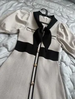 リボン付きニットロングワンピース
