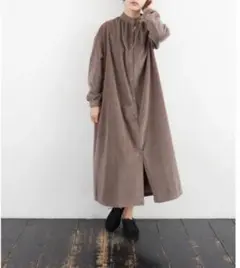 Honnete　コットンカシミヤ　長袖　ロングギャザードレス　ブラウン　F