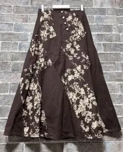 花柄　ロングスカート　Aライン　フレア　茶　古着