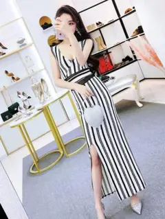 春夏デートにぴったり！ボーダーロングドレスシンプル女子会向け