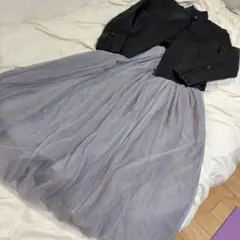 グレー チュール ロングマキシ丈フレアスカートレースフリルインナー付き