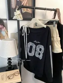 SHEIN スウェット ロングTシャツ 黒 リボン スポーティ 肩出し レース