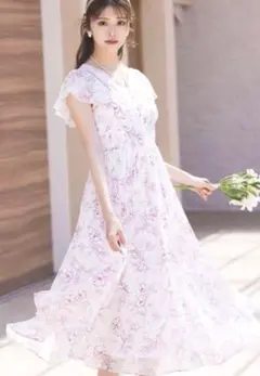 パール付きネックリボン水彩ラインフラワープリーツワンピース tocco トッコ