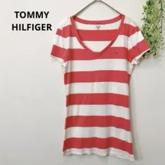 TOMMY HILFIGER ボーダー Vネック Tシャツ ピンク 半袖Tシャツのサムネイル