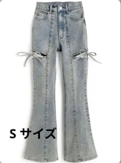 grl cu578 サイドカットアウトリボンフレアデニム ライトブルー S