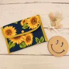 ☆ハンドメイド☆ひまわり 青　ぺたんこケース 母子手帳ケース 通帳 お薬手帳