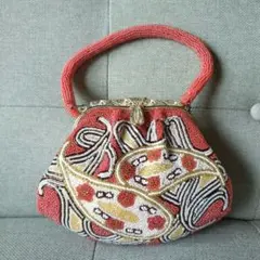 ビーズ刺繍 赤 ペイズリー柄ハンドバッグ