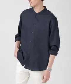 NANO universe バンドカラーリネンシャツ