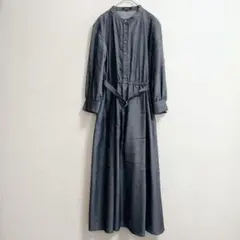 s0629【リフレクト】ノーカラー長袖ロングワンピース ウエストベルト付き