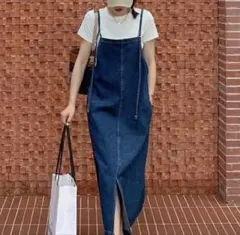 新作 大人気 デニム サロペット ロング ワンピース ゆったり お洒落 ネイビー