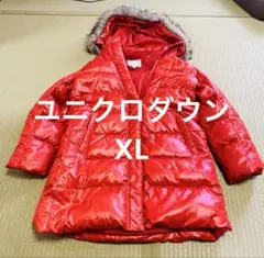 ユニクロ　ダウンジャケット　XL オレンジ　ファー　フード付き　ダウンコート
