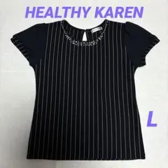 HEALTHY KAREN ストライプ柄 パール装飾 半袖トップス　Lのサムネイル