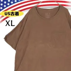 47036【アメリカ古着】フルーツオブザルーム Tシャツ 胸ポケット 茶 XL