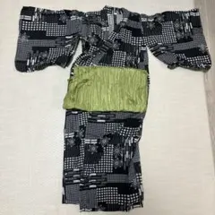 黒白チェック柄着物 緑帯付き　120センチ