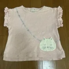 プティマイン　猫ポシェット　フリル袖　半袖Tシャツ 100
