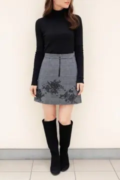 ZARA チェック柄 ミニスカート M 花柄レース フロントジップ 美品