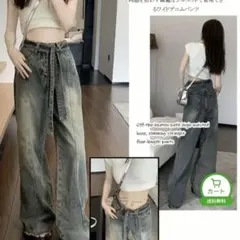 ワイドデニムパンツ ウエストリボン付きのサムネイル