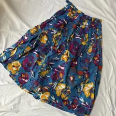 スカート 花柄 ブルー 膝丈 ひざ丈 ミモレ丈 ロング丈 青 古着 USED