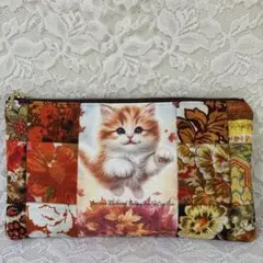 ポーチ、猫とパッチワークのポーチ、ハンドメイド、猫柄、秋色ポーチ