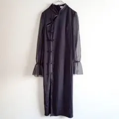 粉紅佳人　ロングチャイナドレス　袖シースルー　スリット　後ろファスナー　黒　S