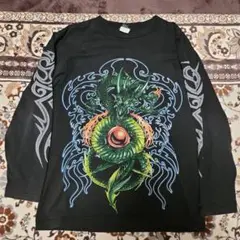 90s【Vintage】ドラゴン7分Tシャツ/陰陽/袖ロゴ/両面プリント　Y2K