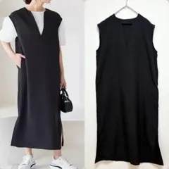神戸レタス　ディープキーネックロングベストワンピース　ブラック　スキッパー