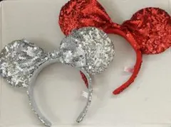 ディズニー　ミニー　スパンコール　カチューシャ　グレー 赤　シルバー　2つセット
