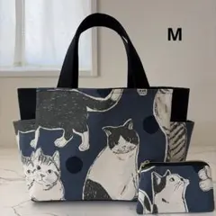 大きな猫 紺 サイドポケット付きトートバッグM＆ミニポーチ