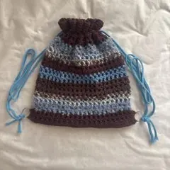 【ハンドメイド・完成品】ナップサック　リュック　バッグ　メッシュ　青　茶　編み物