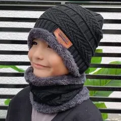 キッズ ニット帽　男女兼用 暖か ネックウォーマー黒色 セット フリーサイズ04