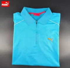 PUMA プーマ ポロシャツ 半袖 ブルー系 ジップアップ ロゴ刺繍
