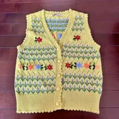 ZARA グリーン イエロー 花柄ニットベスト Mサイズ