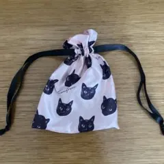 Francfranc 猫柄 巾着 ポーチ ピンク 黒猫