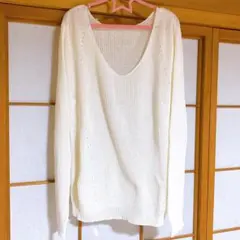 GU 透かし編み Vネックセーター 長袖 アイボリー 透け感 トップス ニット