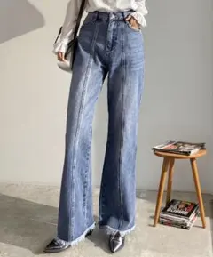 CLASSICAL ELF 最旬美脚 裾フリンジ セミフレア デニム パンツ