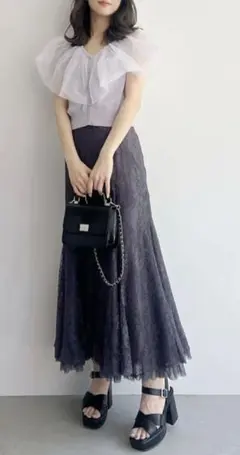 MERCURYDUO 裾チュールレースマーメイドスカート パーティー 綺麗め