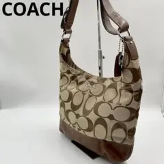 美品　コーチ　ショルダーバッグ　ホーボー　シグネチャー　キャンバス　ベージュ