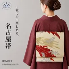 QQ5-83 名古屋帯 名古屋仕立て 肌色 赤オレンジ ゴールド 338cmのサムネイル